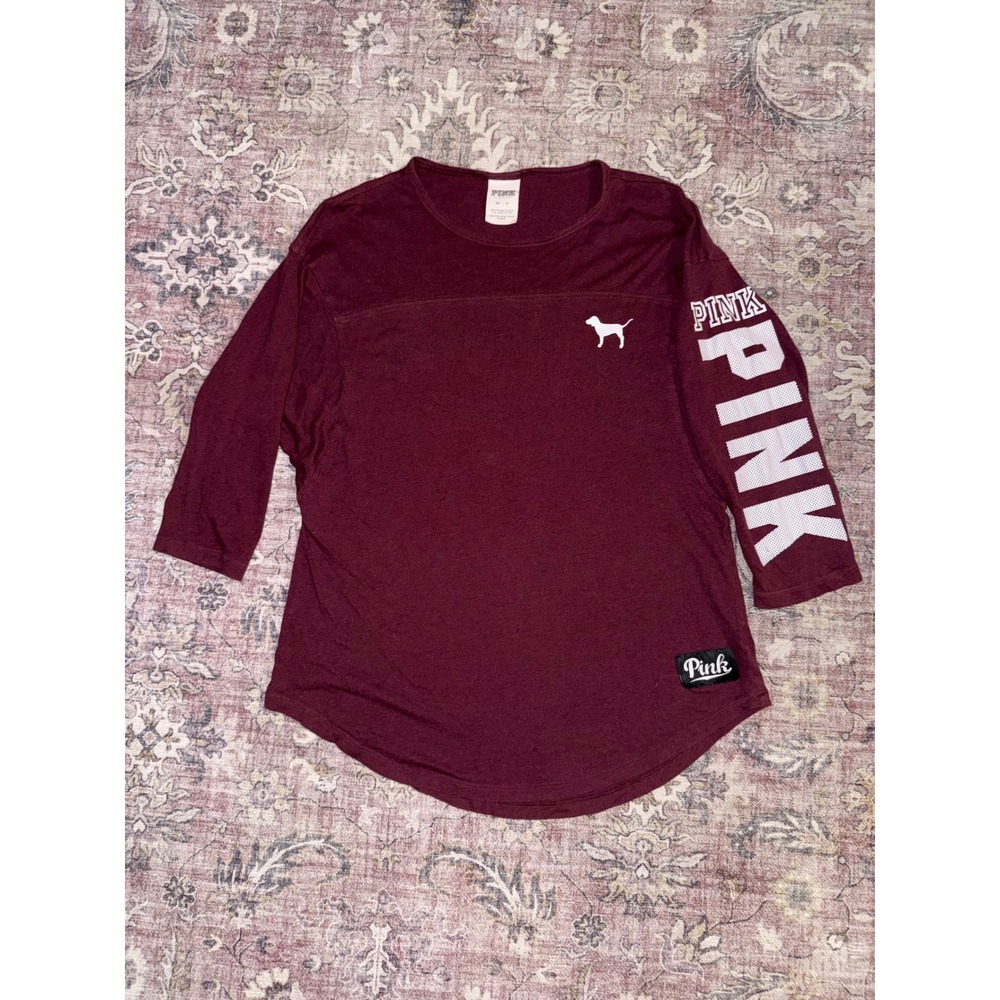 Victoria's Secret PINK Varsity 3/4 Sleeve Oversized Top Burgundy Maroon Logo XS